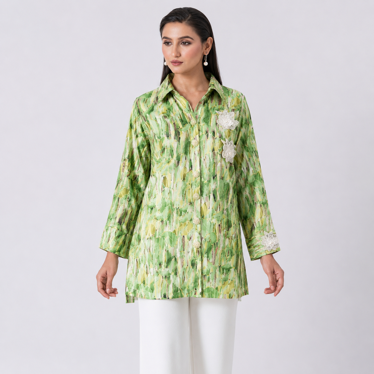 Green Abstract Printed Shirt with Lace Accents